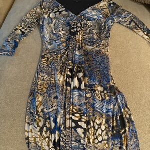 Tahari Asymmetrical Dress in Blue, Gold, and Black